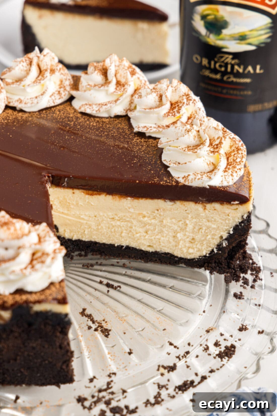 Irresistible Baileys Cheesecake 2 Side of a Baileys Cheesecake with two slices removed