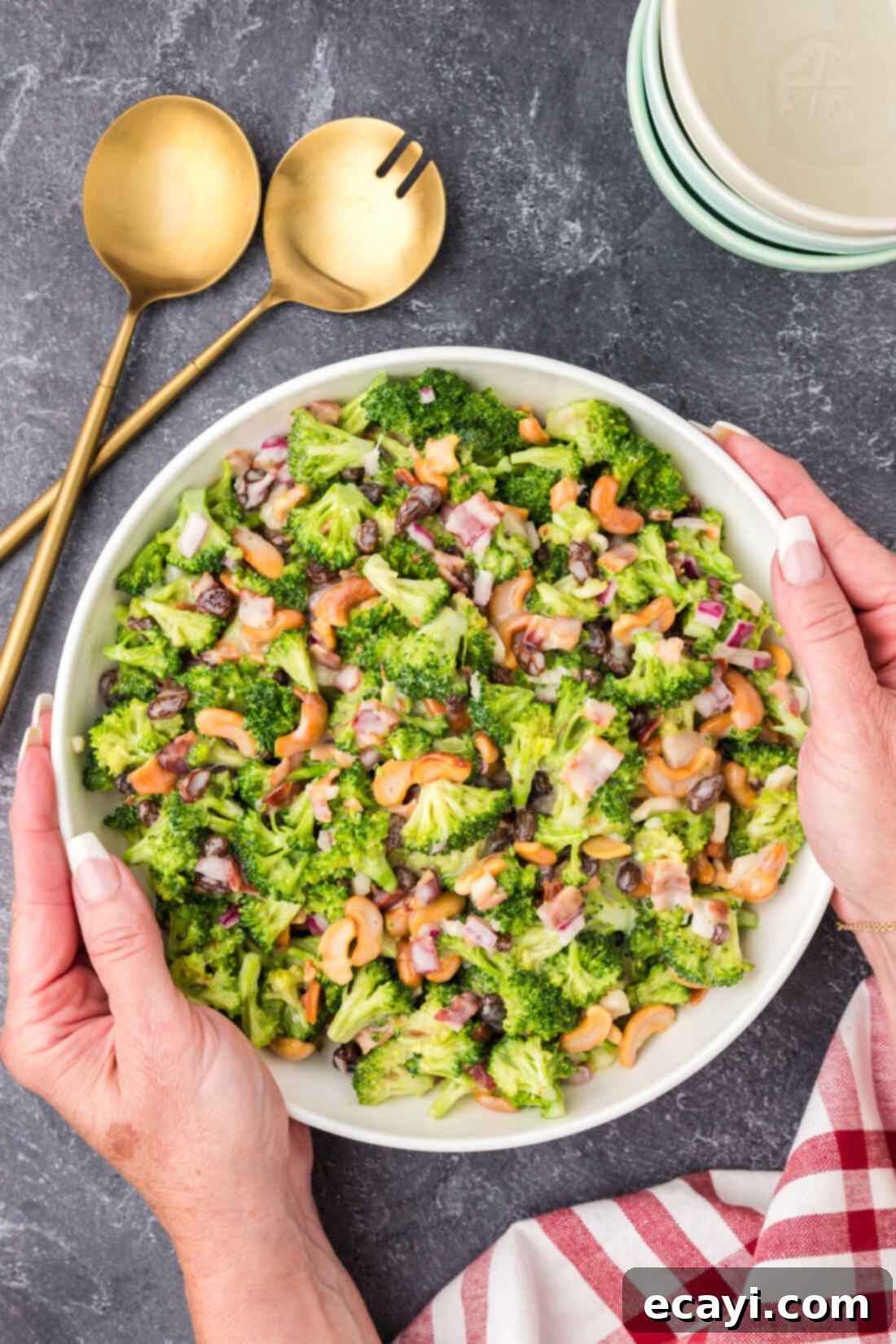 Garden Cashew Crunch 2 Hands holding a bowl of Broccoli Cashew Salad