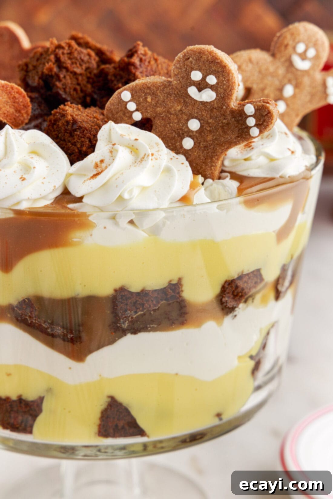Gingerbread Layered Delight 2 Close-up photo of a beautifully layered Gingerbread Trifle, showcasing its festive appeal and delicious layers