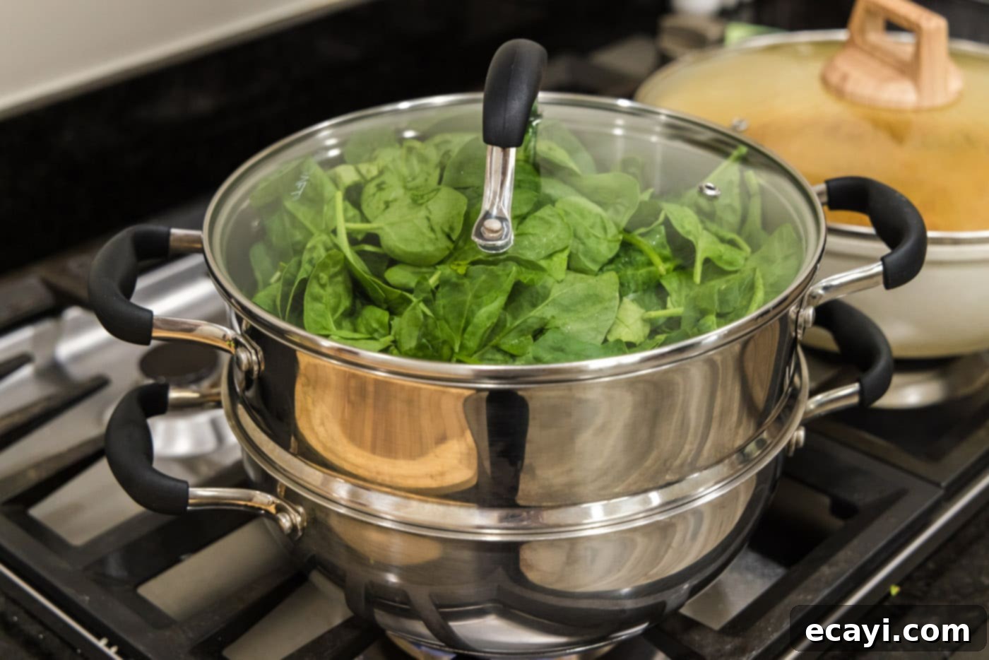 Perfectly Steamed Spinach 6 Fresh spinach being added to a steam pot with the lid on for cooking