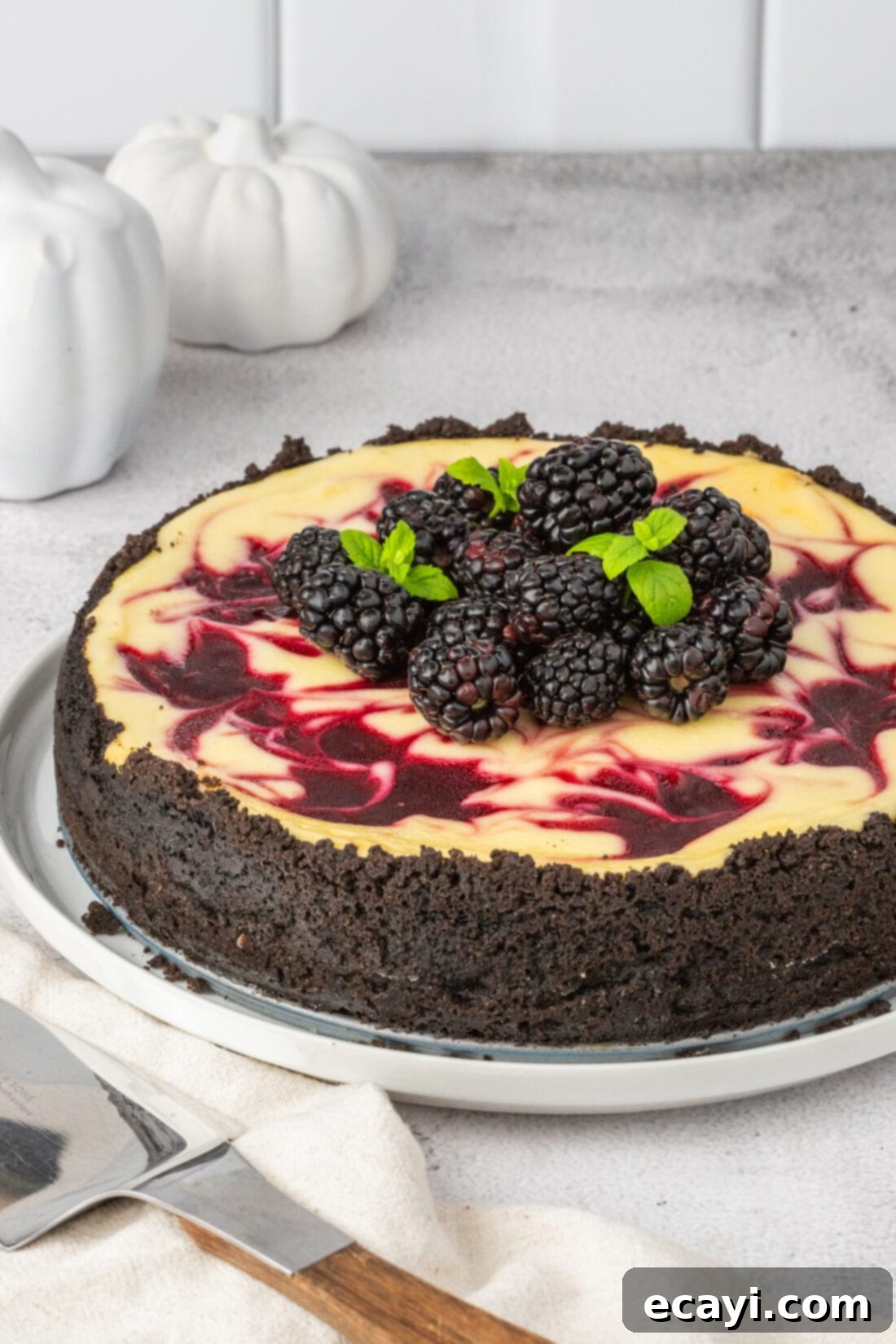 Blackberry Swirl Cheesecake 2 Blackberry Swirl Cheesecake on a plate