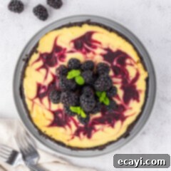 Blackberry Swirl Cheesecake 17 Overhead photo of a Blackberry Swirl Cheesecake