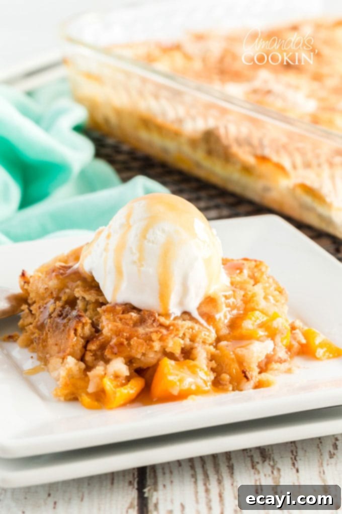 Effortless Peach Cobbler Bake 5 peach cobbler with ice cream and caramel
