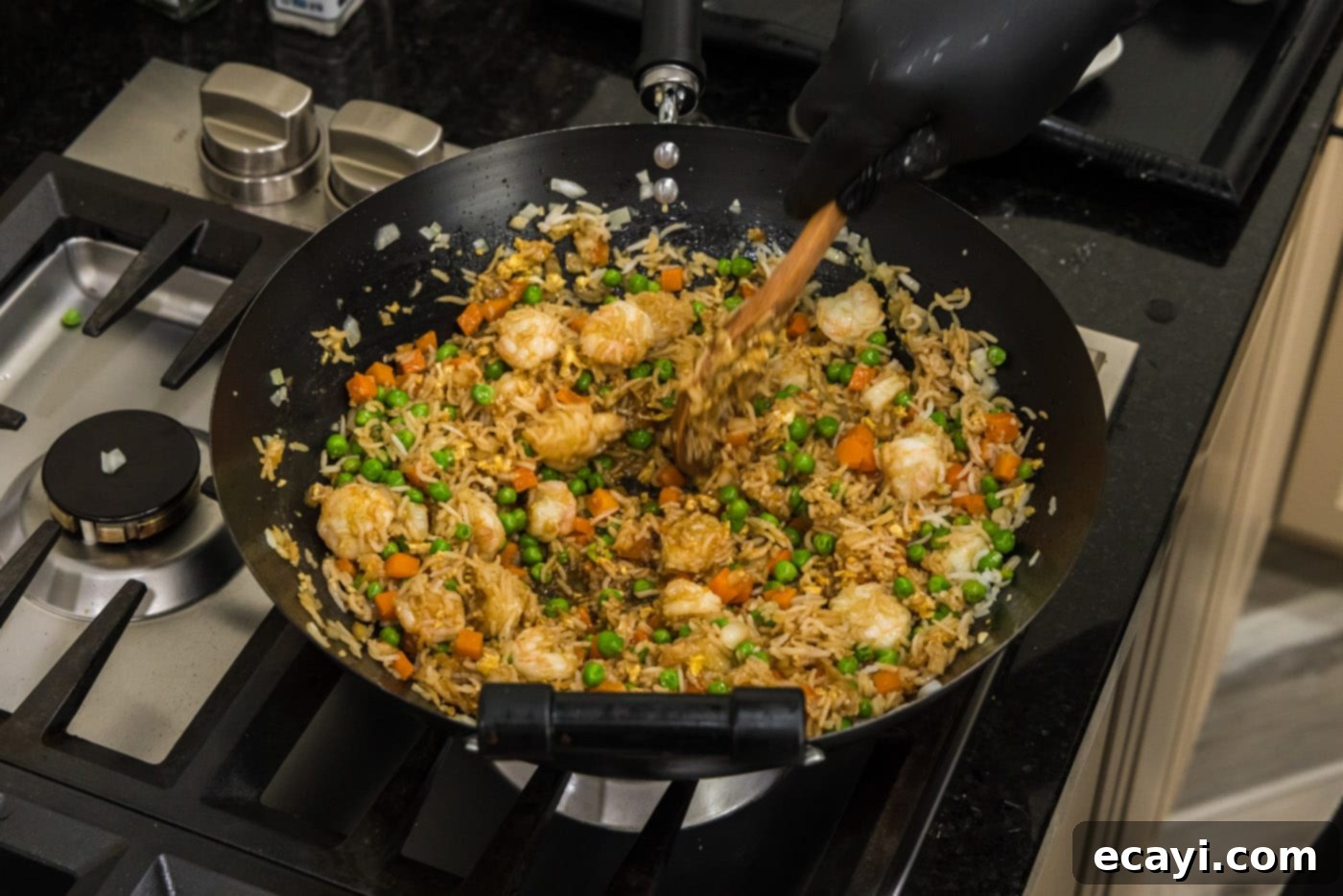 Golden Shrimp Fried Rice 15 shrimp fried rice in a wok