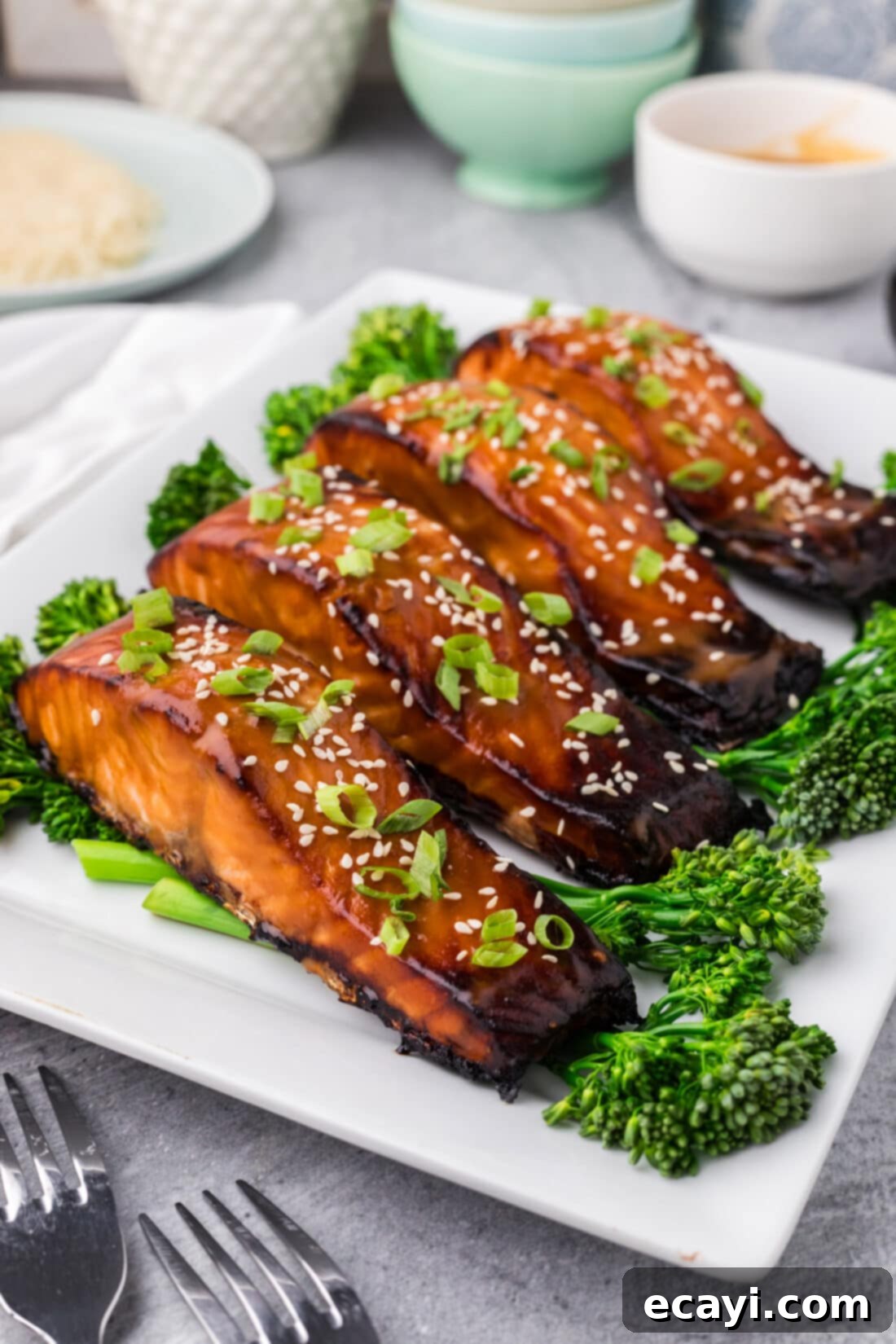 Miso Glazed Salmon 2 Side photo of Miso Salmon on a platter, showcasing its golden glaze and flaky texture