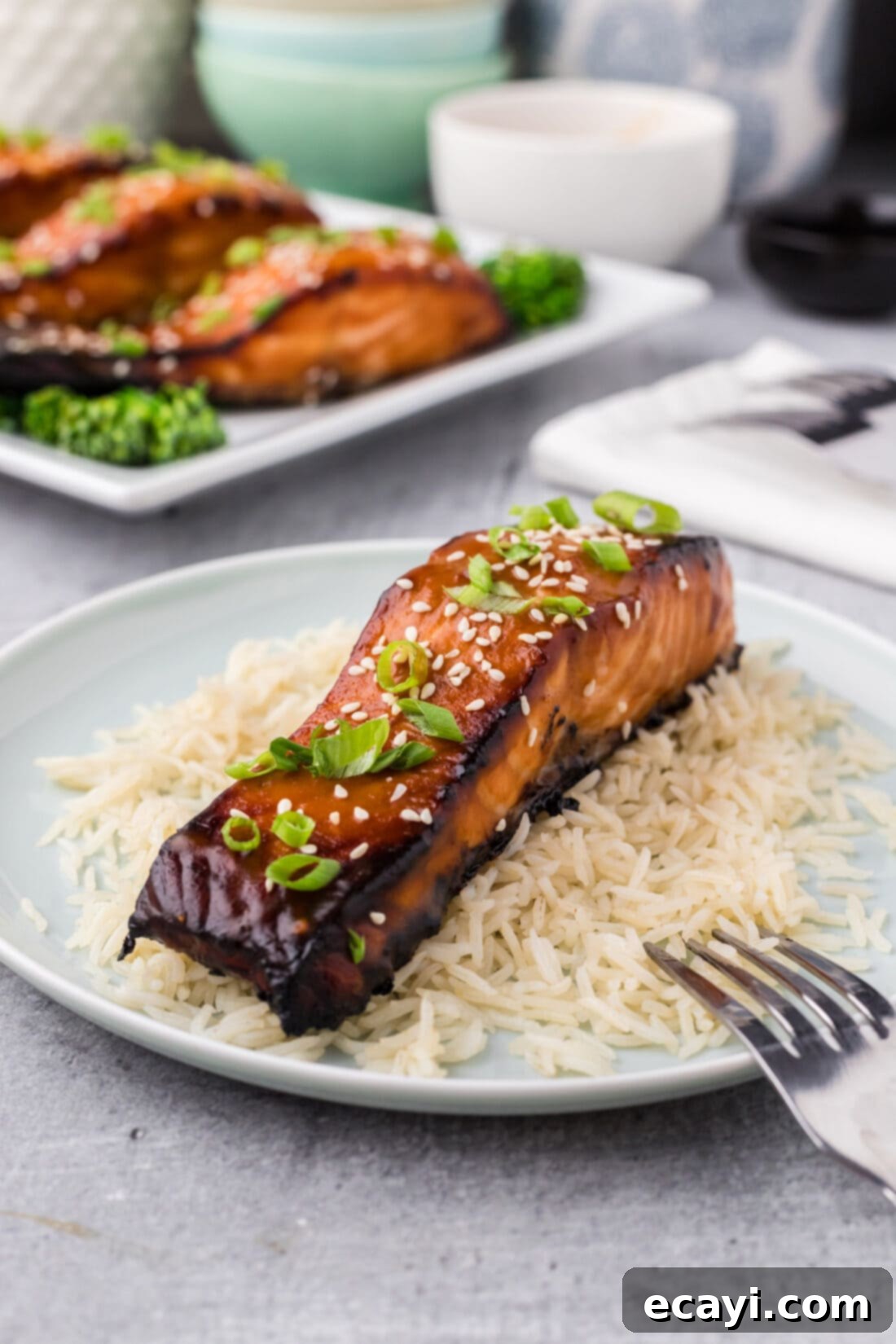 Miso Glazed Salmon 3 Baked Miso Salmon fillet served on a bed of fluffy white rice, garnished with green onions