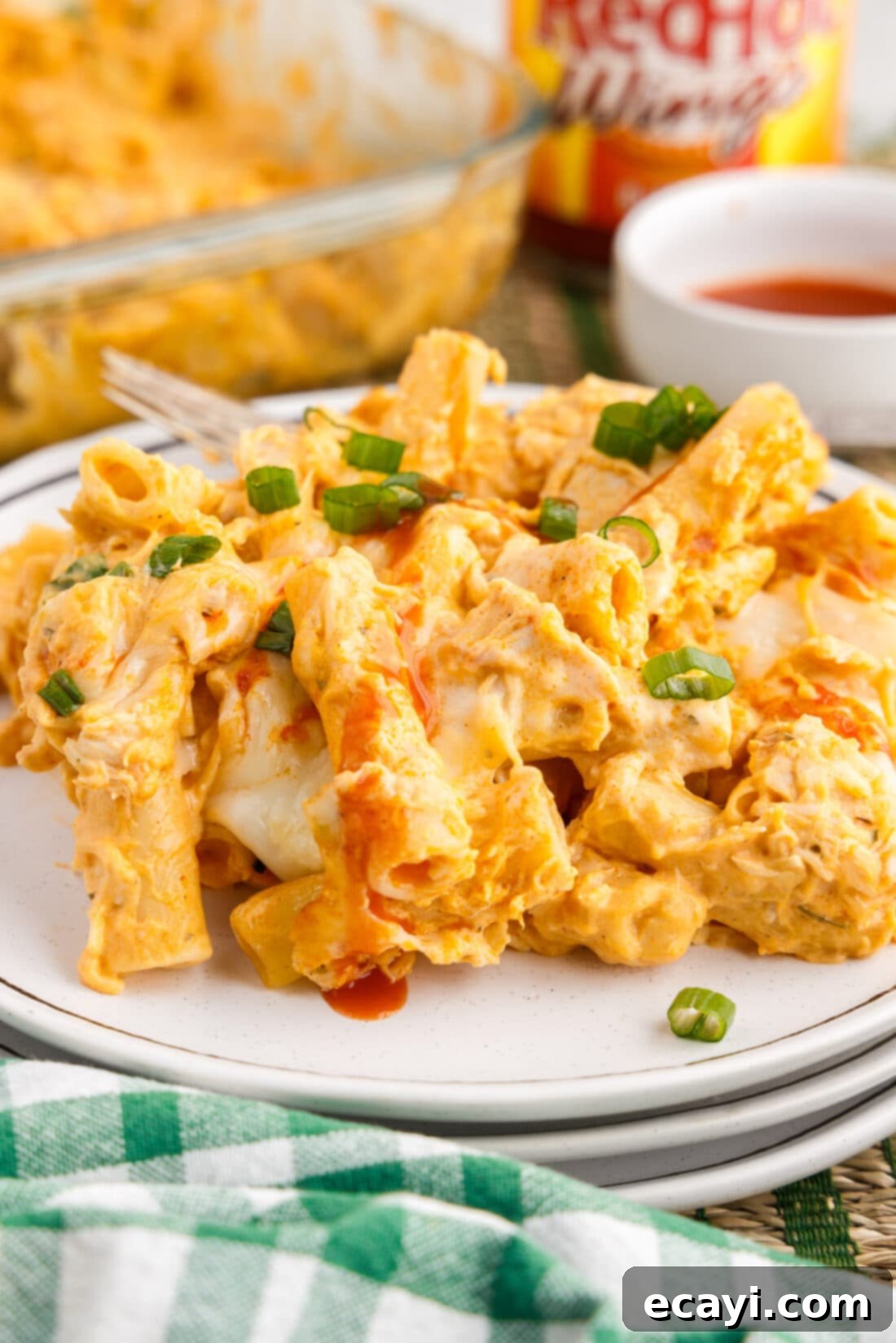 Fiery Chicken Comfort Bake 14 Serving of Buffalo Chicken Casserole on a plate