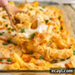 Fiery Chicken Comfort Bake 15 Close up photo of a spoonful of Buffalo Chicken Casserole