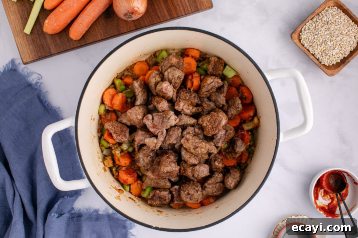 Wholesome Beef and Barley Comfort 11 Seared beef stew meat added back into the soup pot with sautéed vegetables.