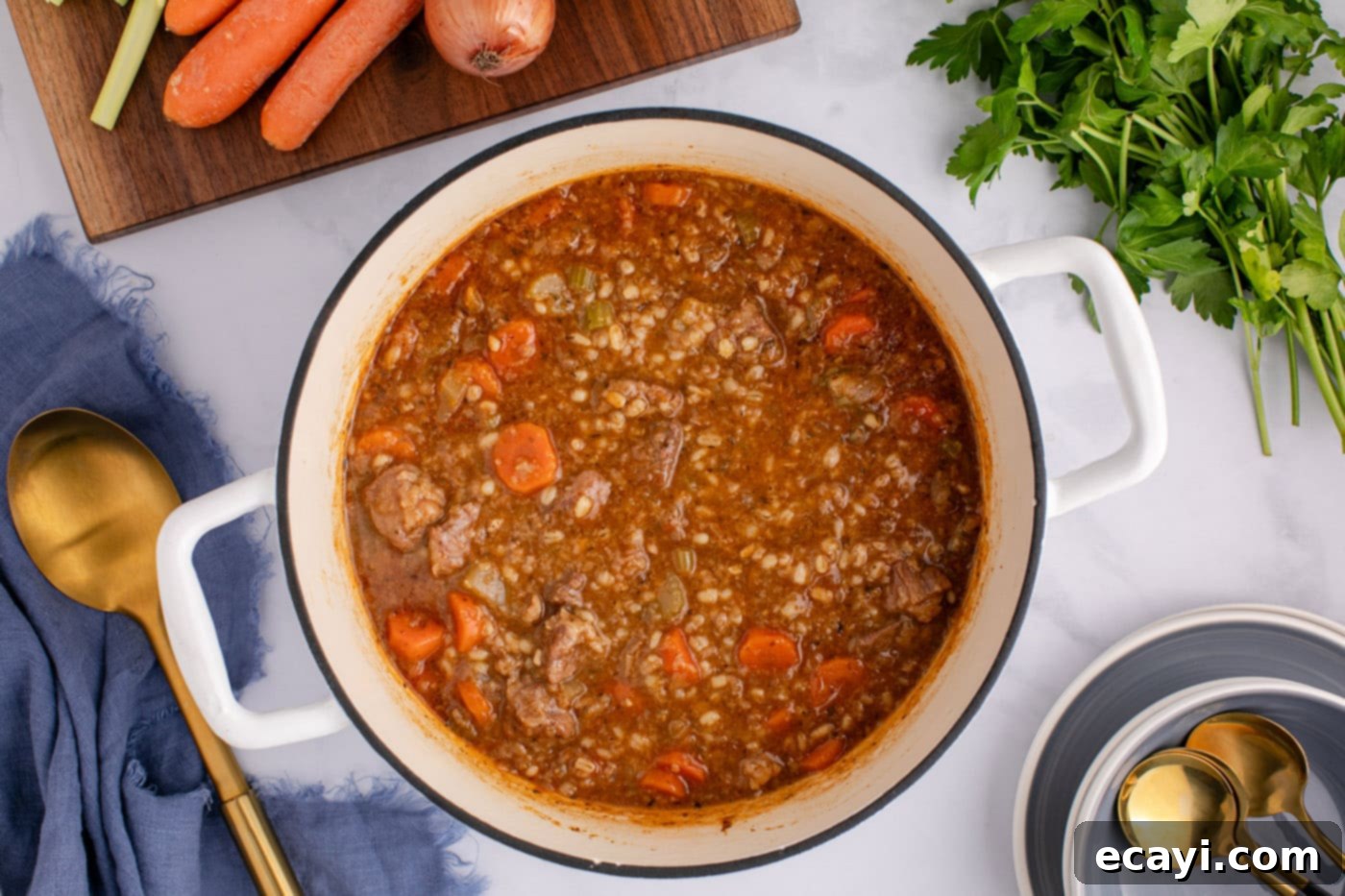 Wholesome Beef and Barley Comfort 14 Overhead view of a finished pot of beef barley soup, showcasing the hearty and flavorful ingredients.