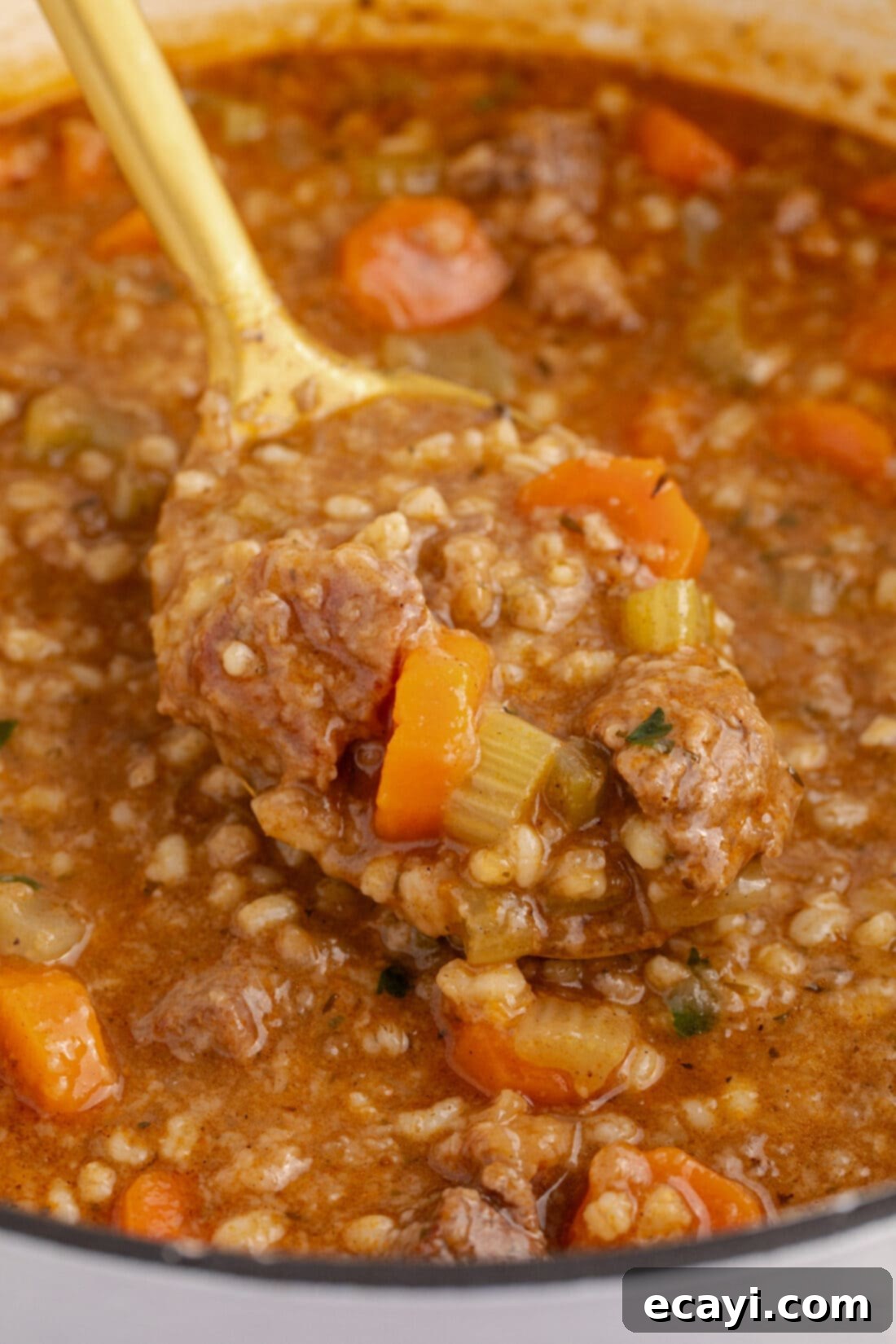 Wholesome Beef and Barley Comfort 15 Close-up of a spoonful of rich beef barley soup, highlighting the tender beef, vegetables, and barley.