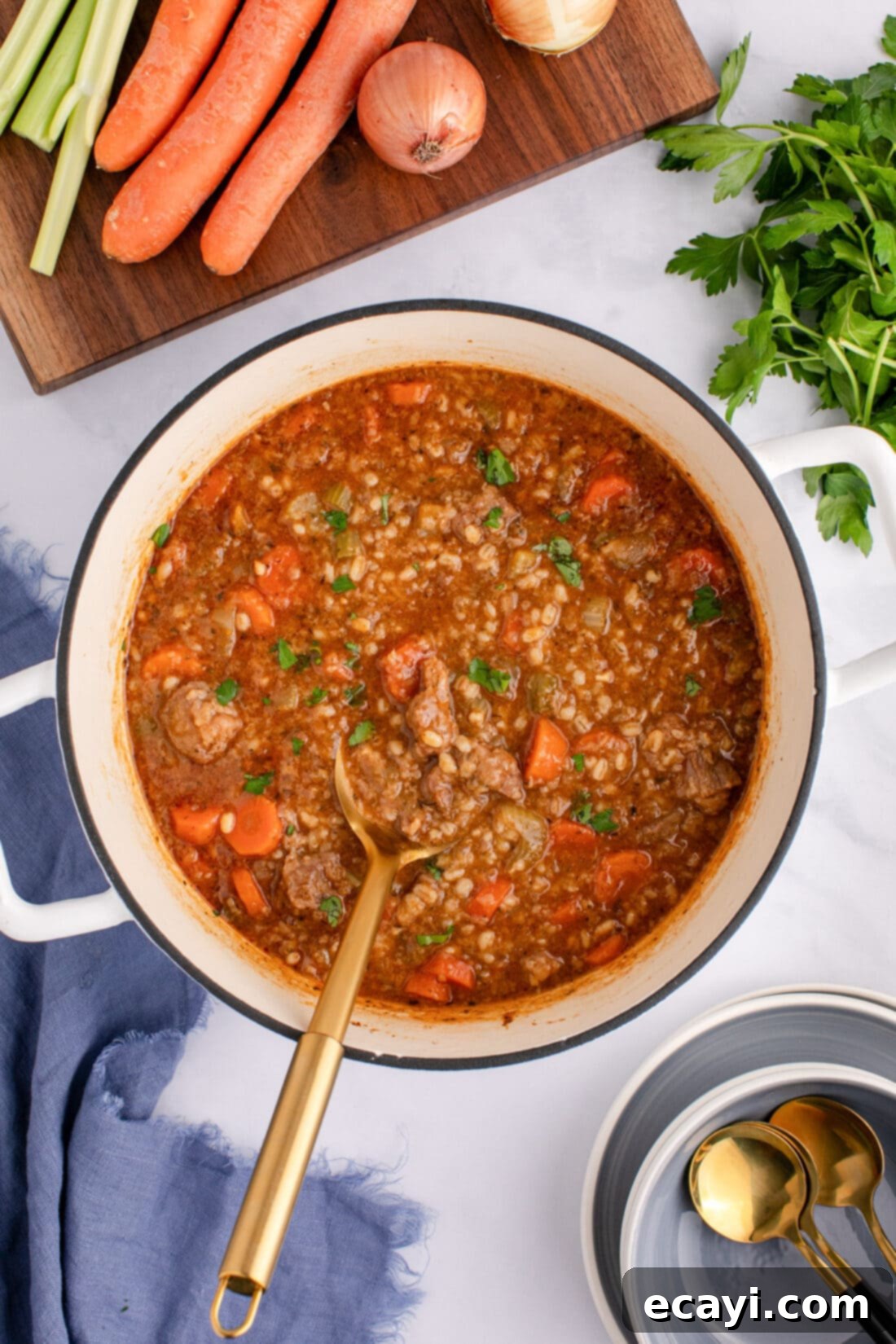 Wholesome Beef and Barley Comfort 3 A large pot of simmering beef barley soup, ready to be served, showcasing the rich broth and hearty ingredients.