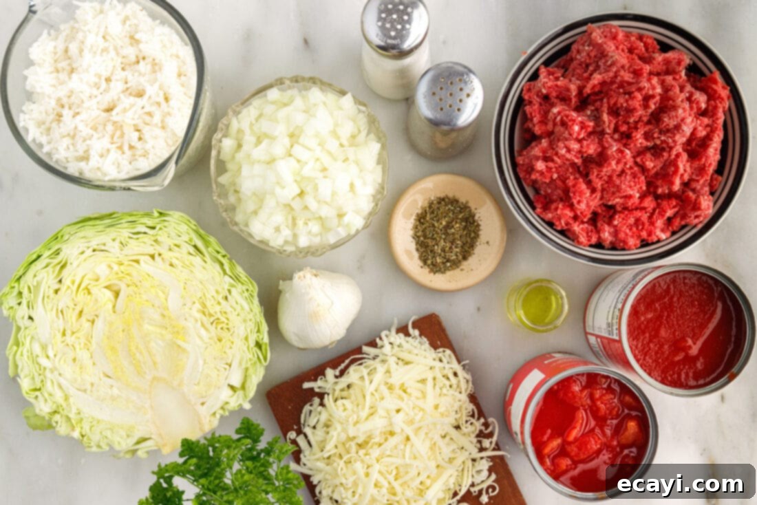 Hearty Cabbage Roll Bake 4 All the fresh ingredients laid out for Cabbage Roll Casserole before cooking