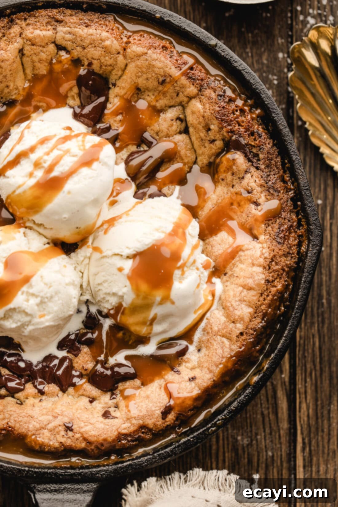 Molten Skillet Chocolate Caramel Cookie 2 Close up photo of half of a Chocolate Chip Caramel Skillet Cookie