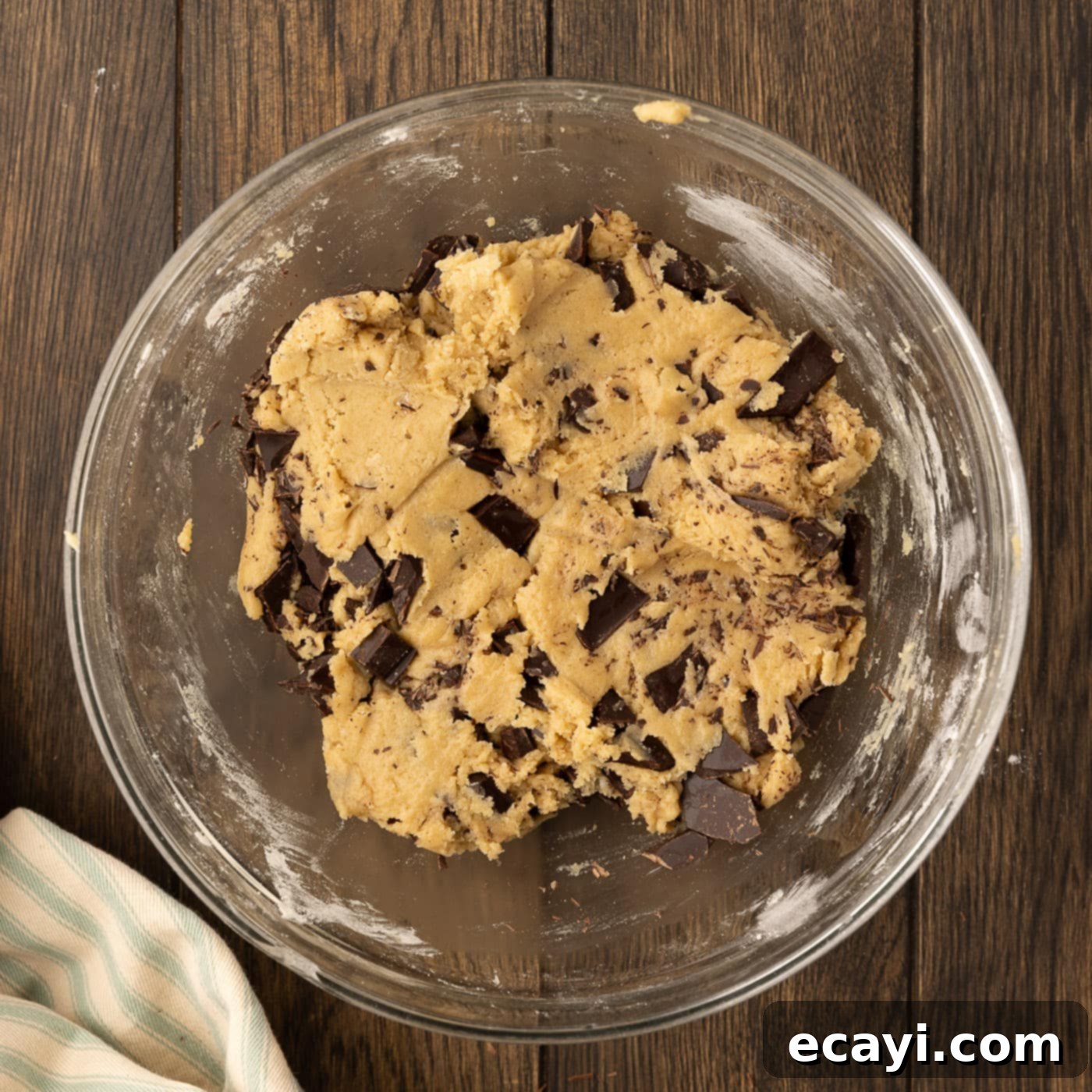 Molten Skillet Chocolate Caramel Cookie 13 mixed chocolate chip cookie dough in a bowl