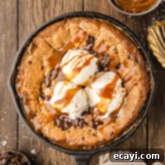 Molten Skillet Chocolate Caramel Cookie 17 Chocolate Chip Caramel Skillet Cookie topped with ice cream and caramel