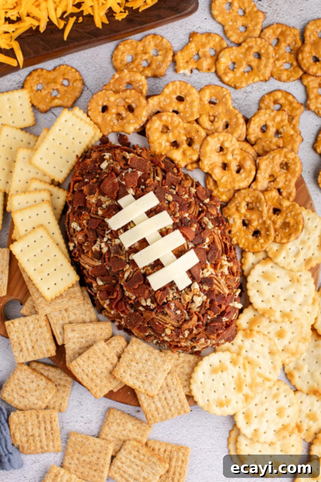 Touchdown Cheese Ball 2 Overhead photo of a Football Cheese Ball with crackers around it