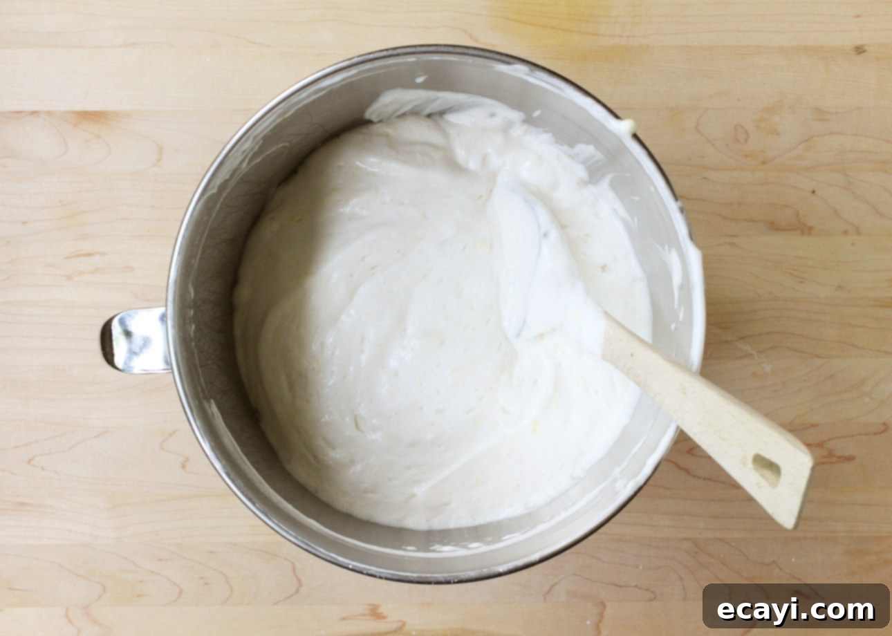 Heavenly Homemade Angel Food Cake 13 A metal mixing bowl filled with thick, white homemade angel food cake batter sits on a light wooden surface. A white spatula is partially submerged in the batter, leaning against the side of the bowl. // FoodNouveau.com