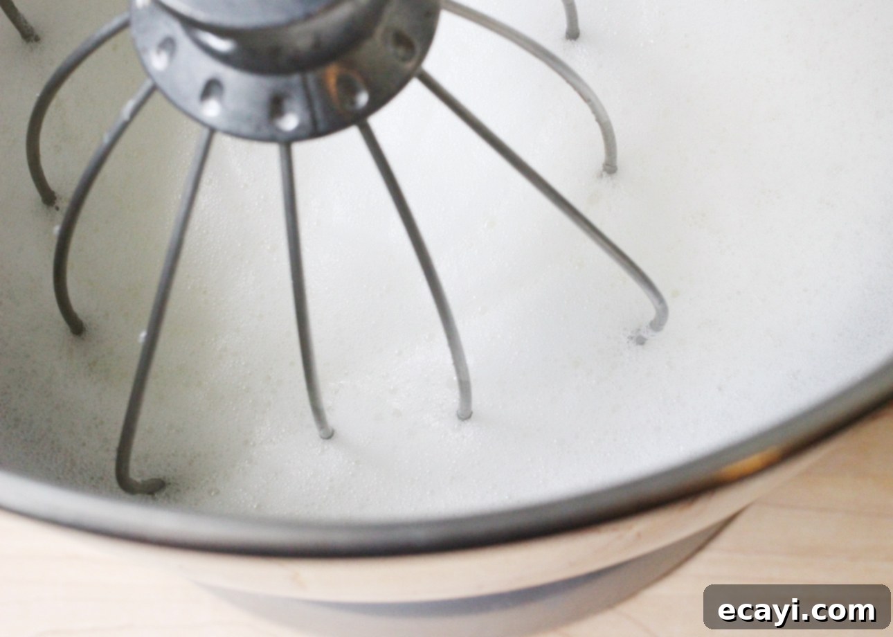 Heavenly Homemade Angel Food Cake 9 A close-up view of a stand mixer whisk attachment whipping egg whites into a frothy, airy texture—perfect for making light desserts such as homemade angel food cake. The metal bowl and mixer are partially visible. // FoodNouveau.com