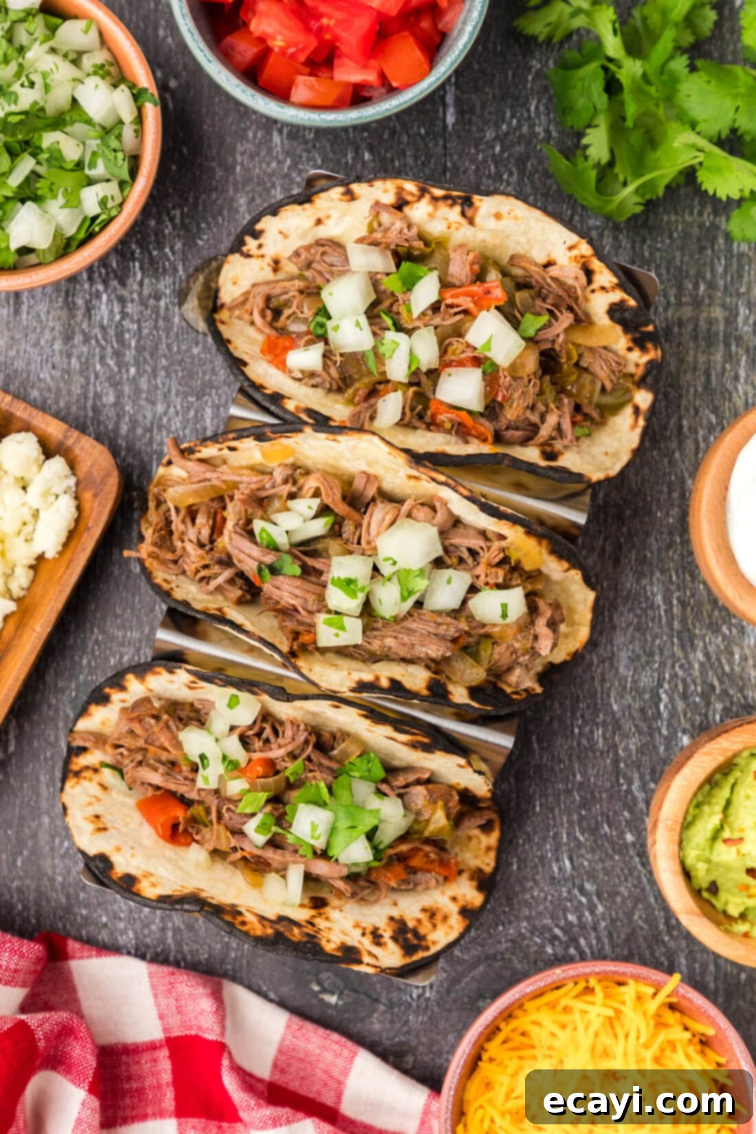 Golden Crispy Beef Carnitas 12 Beef Carnitas resting in warm corn tortillas topped with fresh onion and cilantro, ready to be served