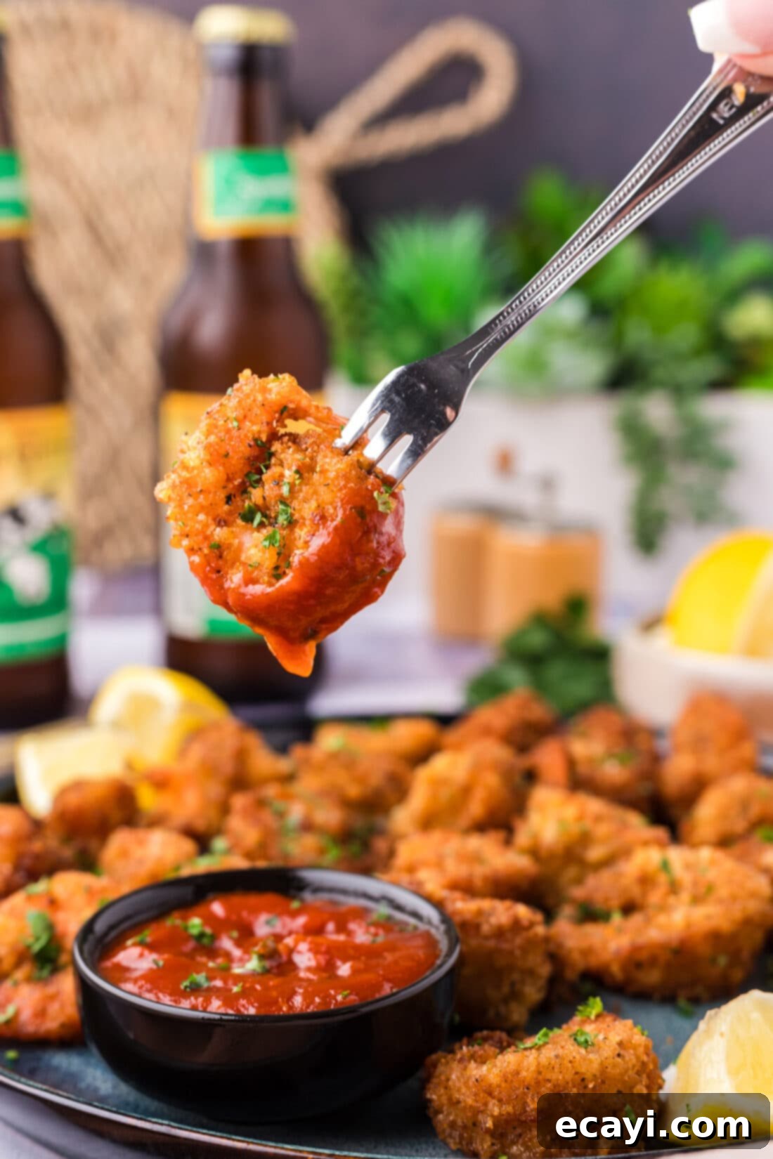 Crispy Fried Shrimp 2 Breaded Shrimp dipped in cocktail sauce on a fork