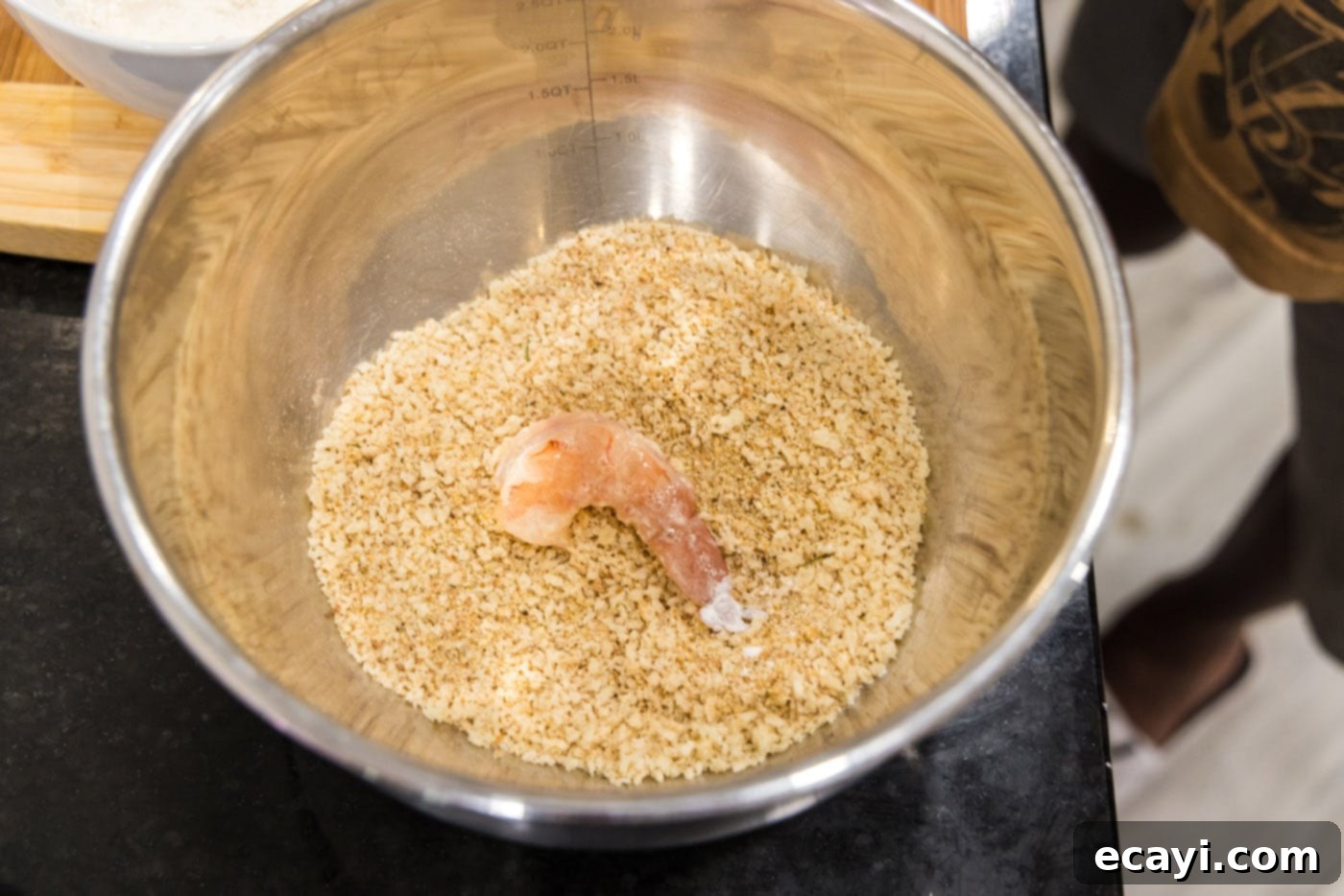 Crispy Fried Shrimp 9 coating dredged shrimp in bread crumb mixture