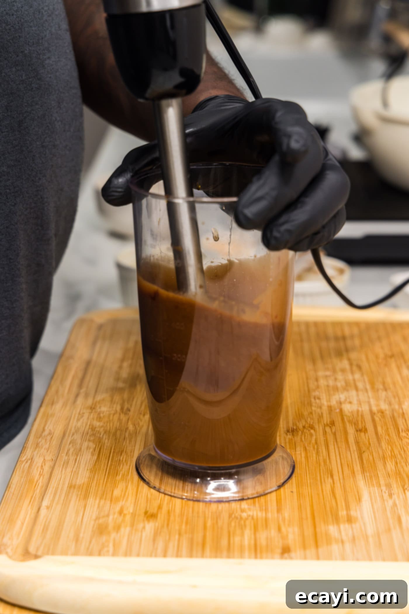 Salmon Morsels 8 Using an immersion blender to blitz together the honey soy sauce marinade ingredients until smooth.