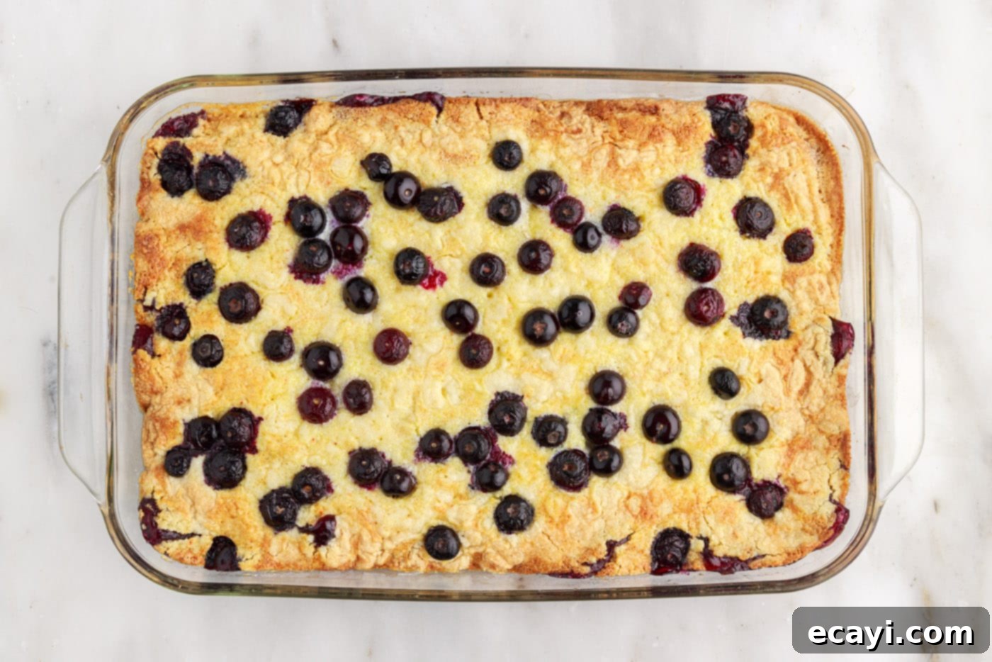 Effortless Blueberry Delight 8 overhead of baked blueberry dump cake