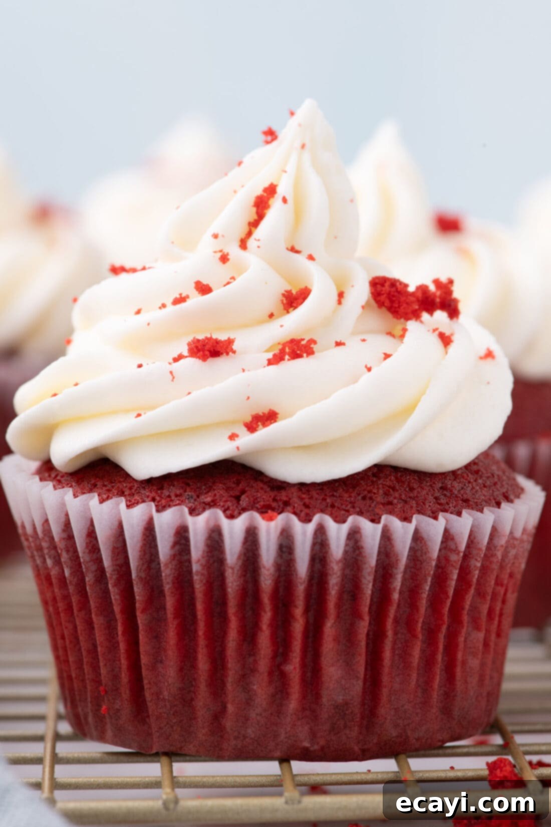Decadent Red Velvet Treats 19 A close-up photo of a single, perfectly frosted Red Velvet Cupcake, highlighting the delicate cake and creamy frosting.