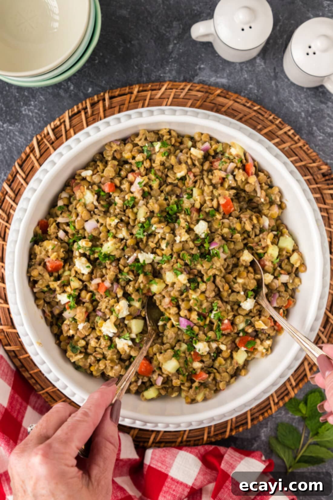Zesty Lemon Herb Lentil Salad 3 Hands holding spoons in a bowl of Lentil Salad
