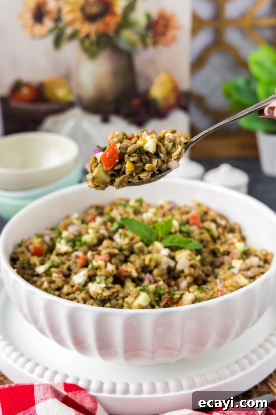 Zesty Lemon Herb Lentil Salad 9 Spoonful of Lentil Salad being lifted out of a bowl of Lentil Salad