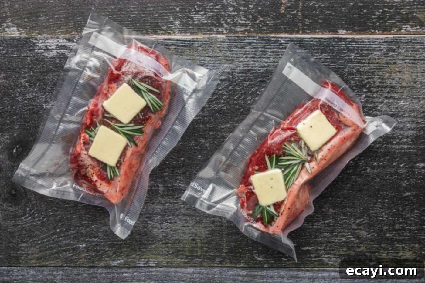 Perfect Sous Vide Steak 7 Vacuum-sealed New York strip steaks, prepared with rosemary and butter, ready for the sous vide bath.