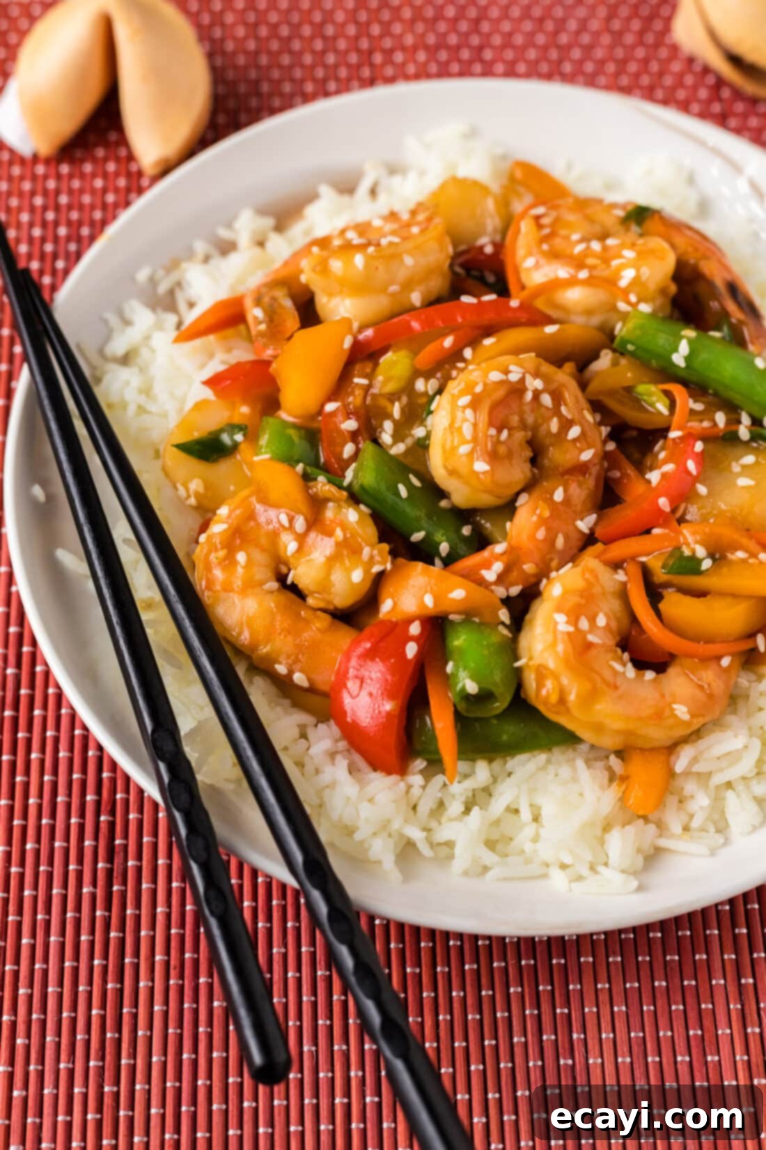 Quickfire Shrimp Stir-Fry 3 Close up photo of Shrimp Stir Fry on a plate served over fluffy white rice