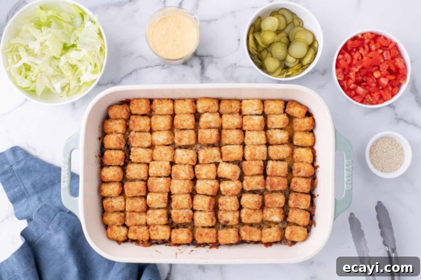 Special Sauce Cheeseburger Casserole 13 baked tater tot and ground beef casserole, golden brown and bubbly