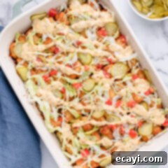 Special Sauce Cheeseburger Casserole 16 Overhead photo of Big Mac Casserole with fresh toppings