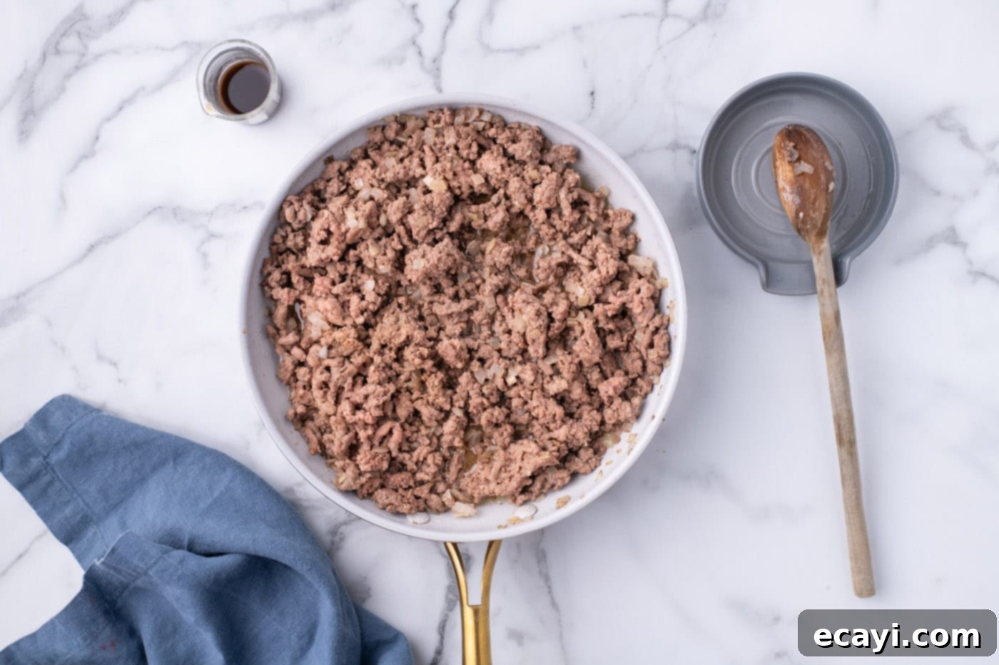 Special Sauce Cheeseburger Casserole 7 ground beef mixture in a skillet with seasonings