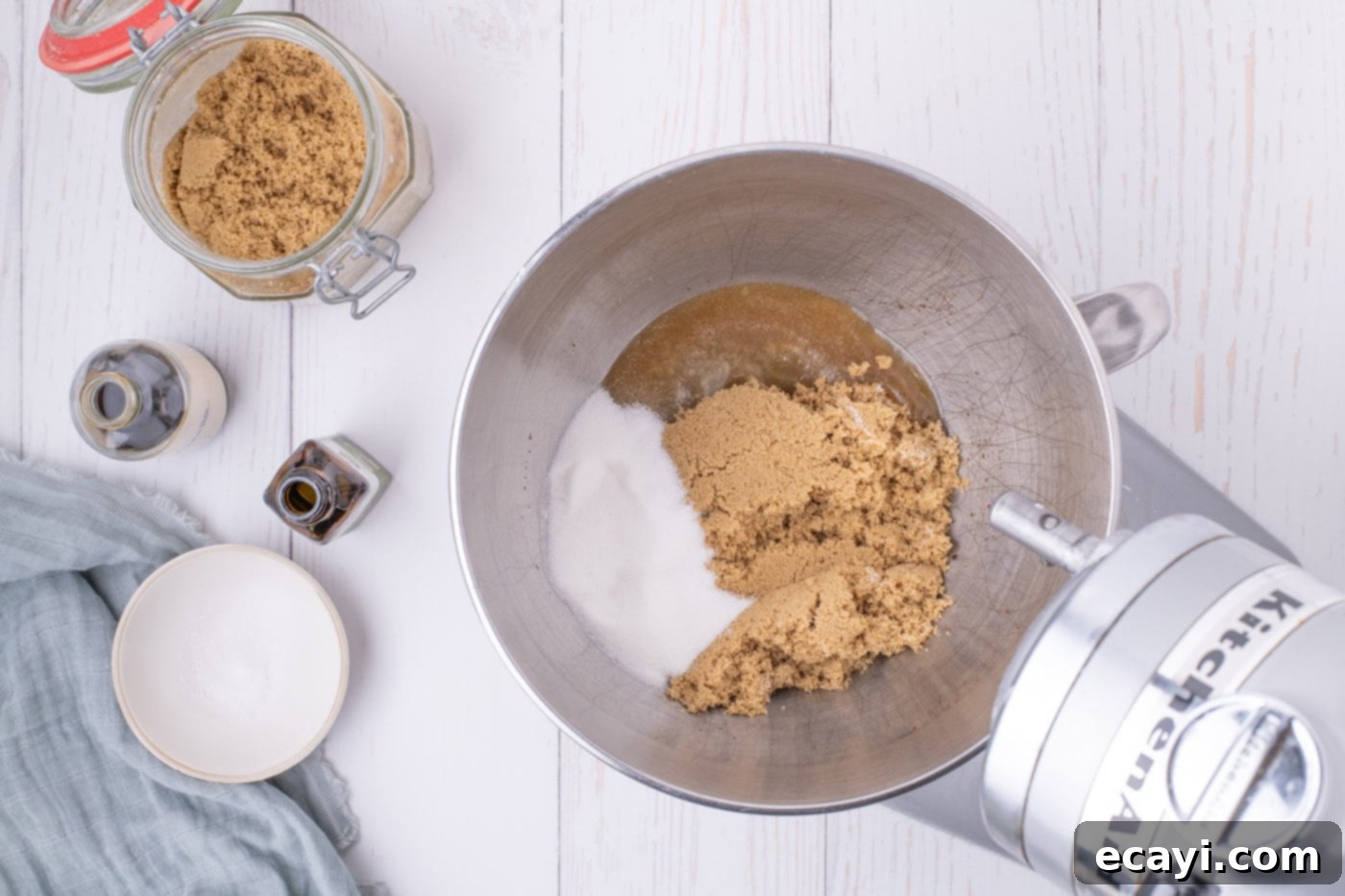 Chewy Blondie Bars 7 brown sugar, granulated sugar, and browned butter in a mixing bowl