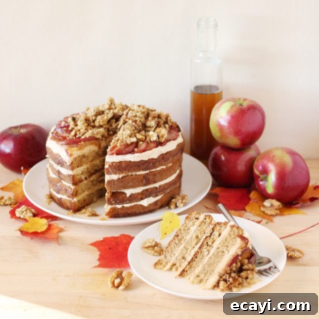 Tender Apple Layers with Velvety Caramel Apple Frosting and Toasted Maple Walnut Streusel 5 Beautifully presented layered apple cake with buttercream and crumble