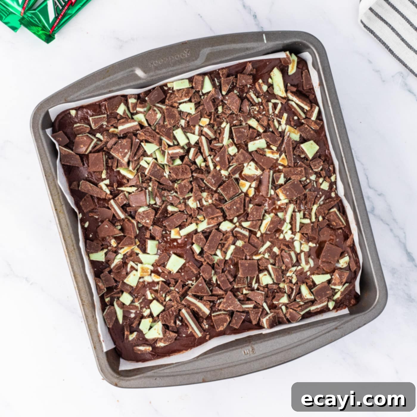 Irresistible Andes Mint Fudge 12 chopped chocolate mints on top of Andes mint fudge