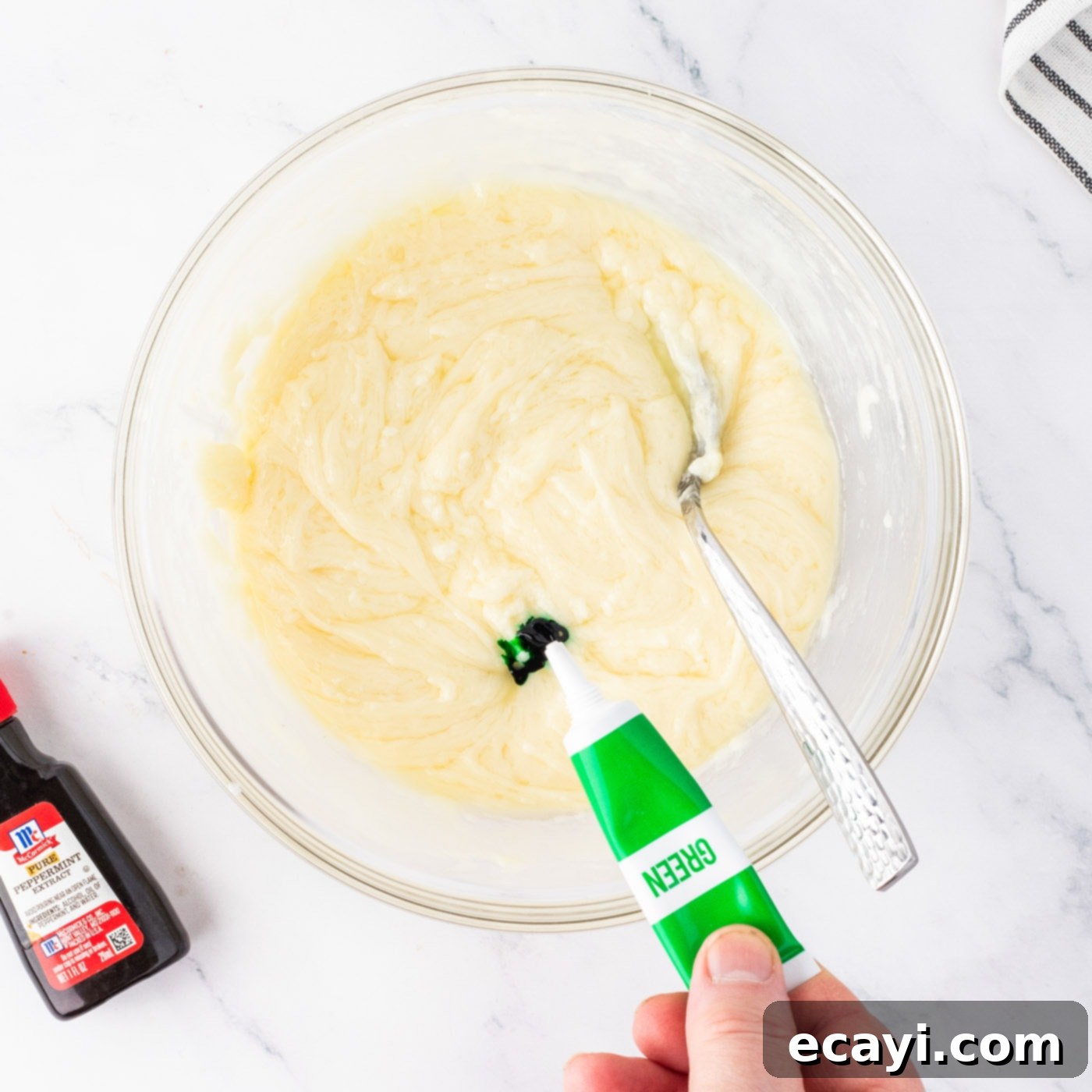 Irresistible Andes Mint Fudge 8 adding green food coloring and peppermint extract to white chocolate fudge