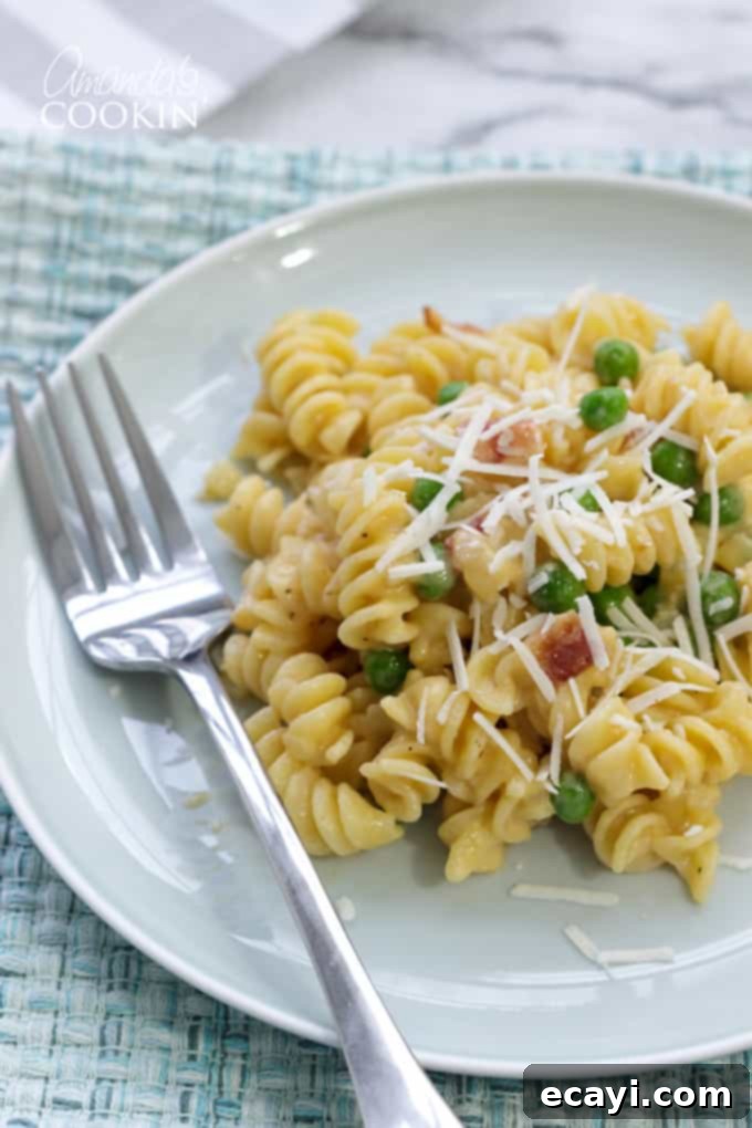 Bacon and peas combined with sharp cheddar make a delicious meal in this easy Rotini Peas and Cheese. It's mac and cheese for grown ups! #macandcheese #macaroniandcheese #rotinipasta #rotinirecipes #pastarecipes #pastaandcheese #cheddarcheese #peas #bacon #sidedish #stovetop  Rotini with peas and cheese