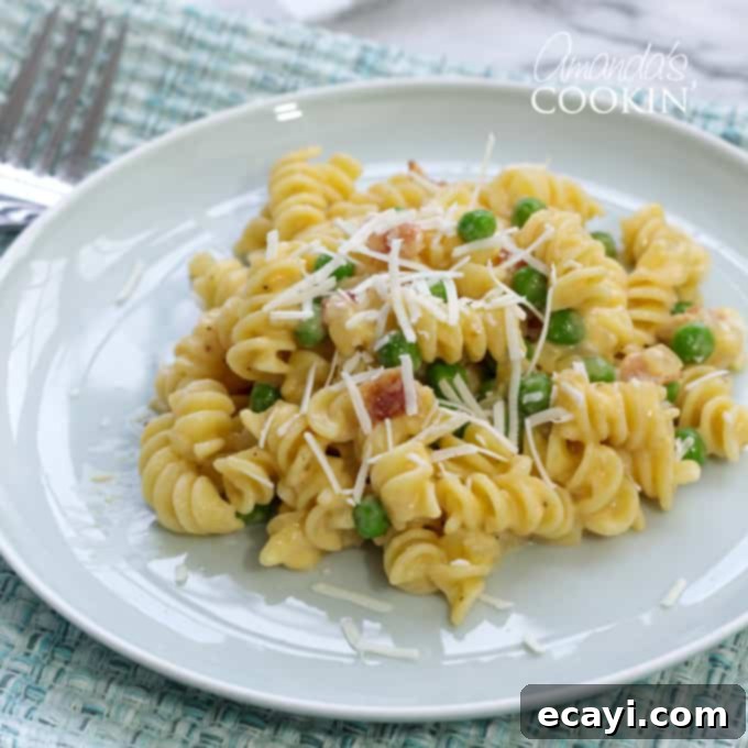 Bacon and peas combined with sharp cheddar make a delicious meal in this easy Rotini Peas and Cheese. It's mac and cheese for grown ups! #macandcheese #macaroniandcheese #rotinipasta #rotinirecipes #pastarecipes #pastaandcheese #cheddarcheese #peas #bacon #sidedish #stovetop  Rotini on a plate