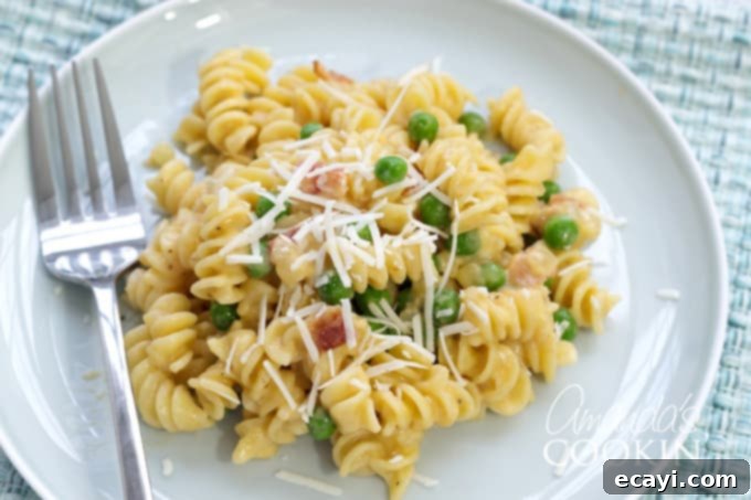 Bacon and peas combined with sharp cheddar make a delicious meal in this easy Rotini Peas and Cheese. It's mac and cheese for grown ups! #macandcheese #macaroniandcheese #rotinipasta #rotinirecipes #pastarecipes #pastaandcheese #cheddarcheese #peas #bacon #sidedish #stovetop  plate of rotini and cheese