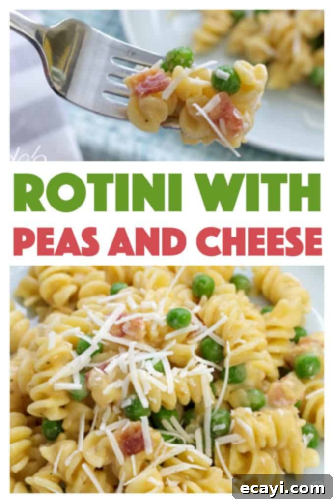 Bacon and peas combined with sharp cheddar make a delicious meal in this easy Rotini Peas and Cheese. It's mac and cheese for grown ups! #macandcheese #macaroniandcheese #rotinipasta #rotinirecipes #pastarecipes #pastaandcheese #cheddarcheese #peas #bacon #sidedish #stovetop  rotini peas and cheese