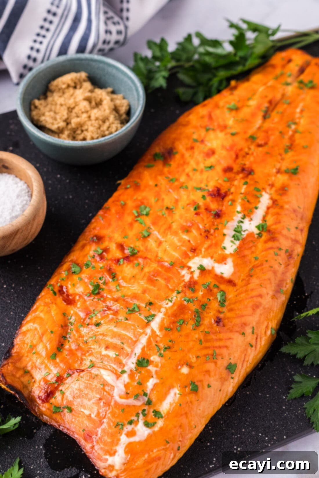 Artisan Smoked Trout 3 Side shot of Smoked Trout fillets beautifully arranged on a platter.