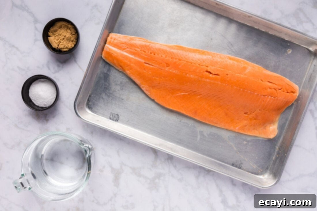 Artisan Smoked Trout 4 A selection of ingredients for Smoked Trout, including trout fillets, brown sugar, salt, and a bowl of water.