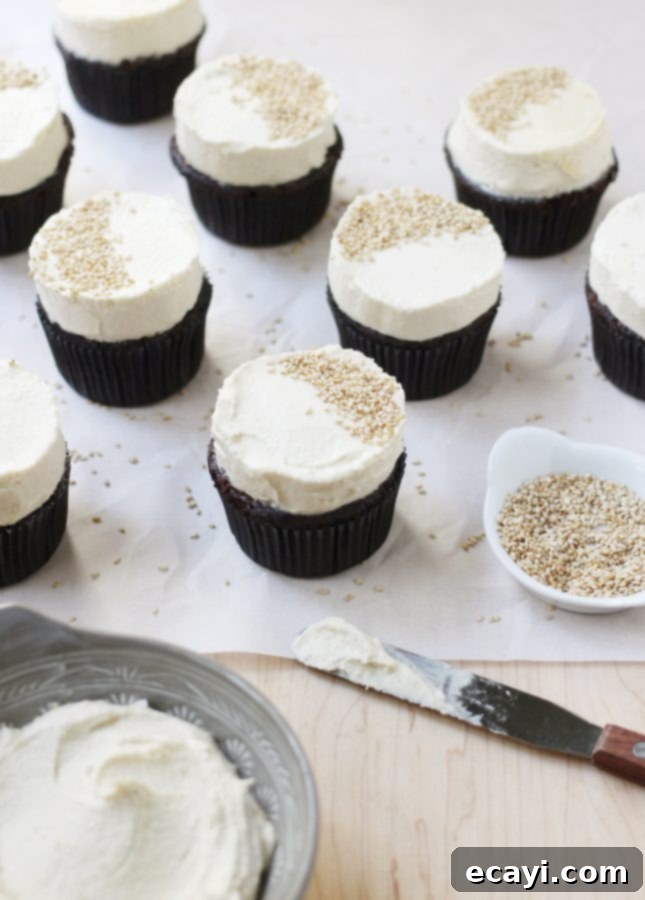 Decadent Dark Chocolate Tahini Cupcakes 3 Close-up of Dark Chocolate Cupcakes with Tahini Buttercream Frosting, showing texture