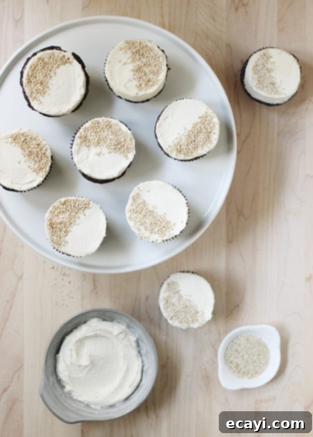 Decadent Dark Chocolate Tahini Cupcakes 8 Dark Chocolate Cupcakes with Tahini Buttercream ready to be served