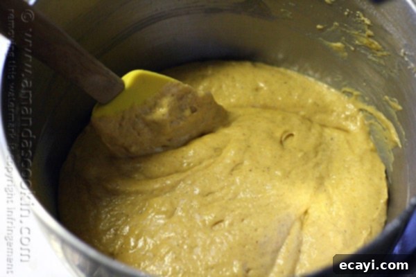 Cozy Pumpkin Mini Cakes with Cinnamon Streusel 11 A photo of a spatula mixing the cake batter in a mixing bowl.