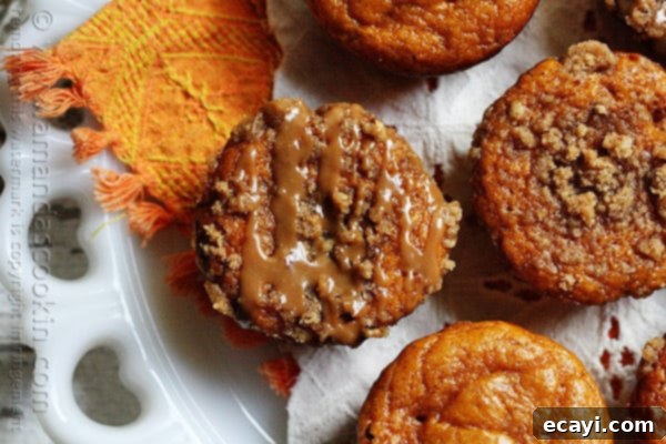 Cozy Pumpkin Mini Cakes with Cinnamon Streusel 5 A close up overhead photo of pumpkin mini cakes with cinnamon streusel topping.